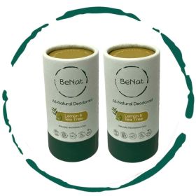 BeNat All Natural Plastic-Free Deodorant 3oz - Aluminum-Free Eco-Friendly Stick for Men & Women (OPTIONS: 2-Pack Lemon & Tea Tree)
